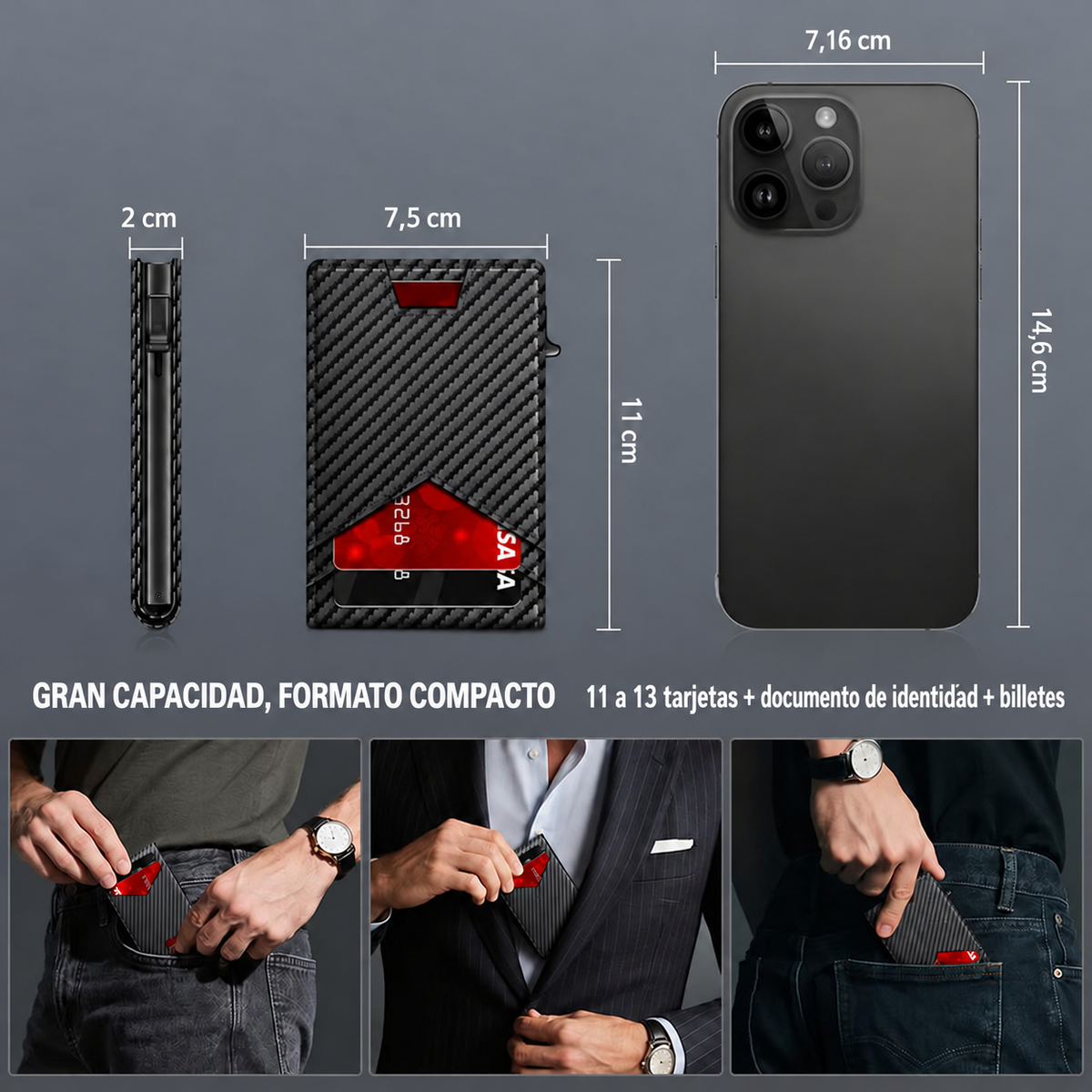 Cartera compacta — dimensiones y capacidad