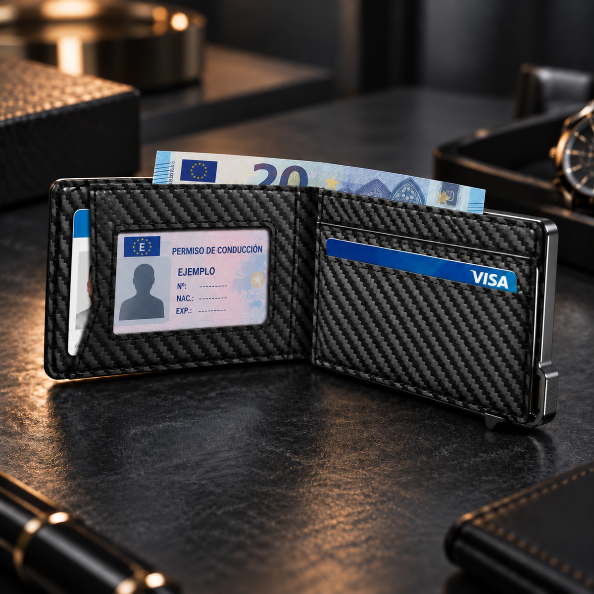 Cartera compacta — interior con billetes en euros